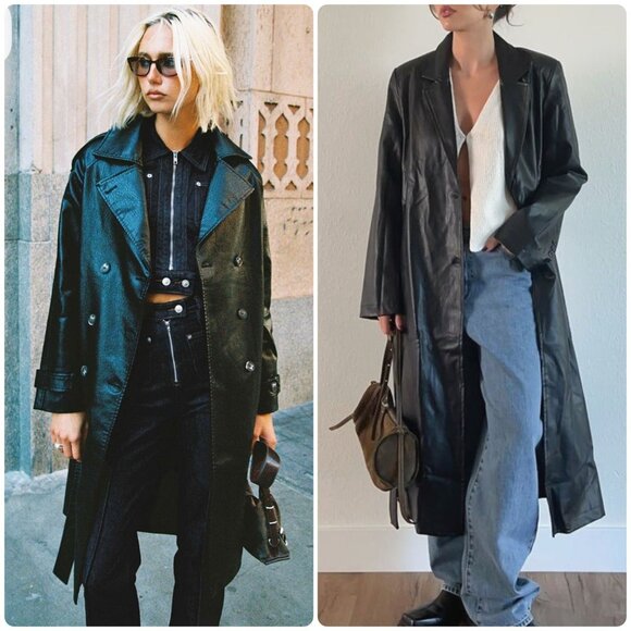 Avanti Leather Long Trench Coat Womens Medium Black Waist belt Matrix Grunge 70s - Picture 9 of 16